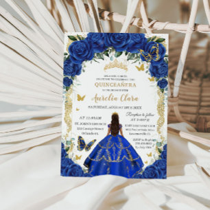 Quinceañera Royal Blue Rose Floral Vintag Gold Einladung