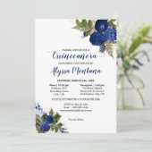 Quinceanera Royal Blue Rose Mass & Empfang Einladung (Stehend Vorderseite)