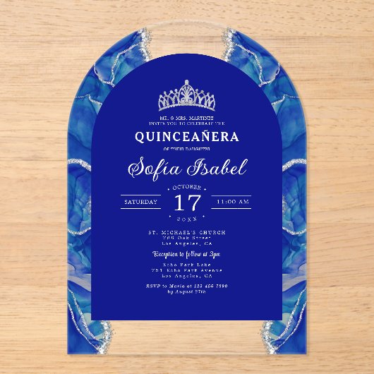 Quinceañera Royal Blue Silver Agate Elegant Acryleinladungen (Vorderseite)