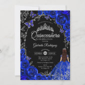 Quinceanera Royal Blue Silver Floral Einladung (Vorderseite)