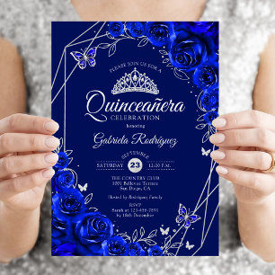 Quinceanera Royal Blue Silver Floral Einladung
