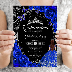 Quinceanera Royal Blue Silver Floral Einladung