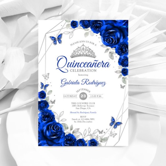 Quinceanera Royal Blue Silver Floral Einladung