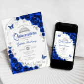 Quinceanera Royal Blue Silver Floral Einladung