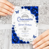 Quinceanera Royal Blue Silver Floral Einladung