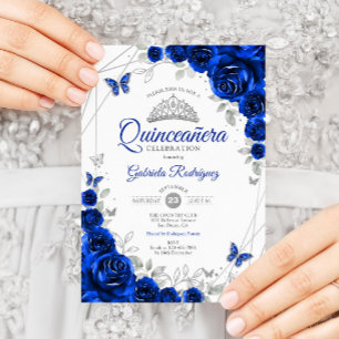 Quinceanera Royal Blue Silver Floral Einladung