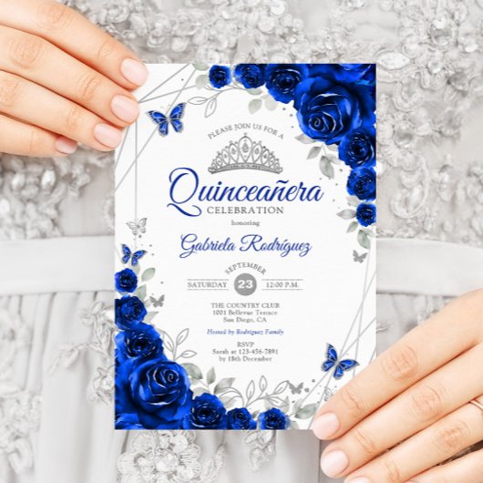 Quinceanera Royal Blue Silver Floral Einladung