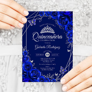Quinceanera Royal Blue Silver Floral Einladung