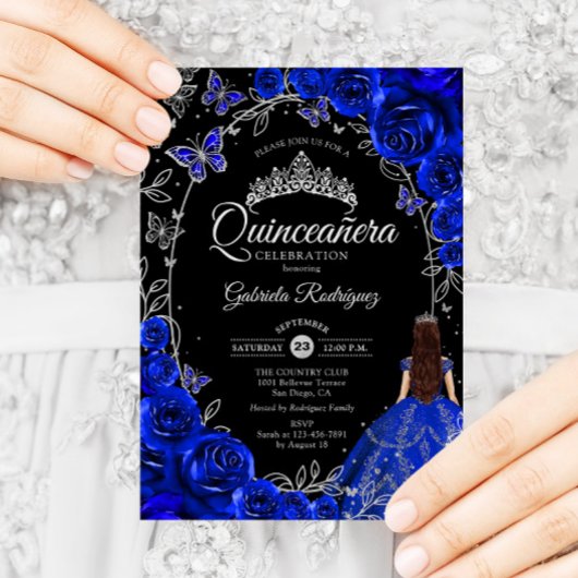 Quinceanera Royal Blue Silver Floral Einladung