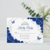 Quinceanera Royal Blue Silver Floral Reply RSVP Karte (Stehend Vorderseite)
