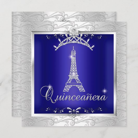 Quinceanera Royal Blue Silver Tiara Eiffel Tower Einladung (Vorne/Hinten)