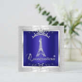 Quinceanera Royal Blue Silver Tiara Eiffel Tower Einladung (Stehend Vorderseite)
