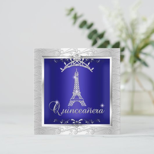 Quinceanera Royal Blue Silver Tiara Eiffel Tower Einladung (Stehend Vorderseite)