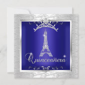 Quinceanera Royal Blue Silver Tiara Eiffel Tower Einladung (Vorderseite)