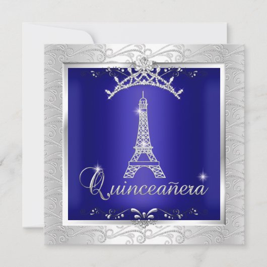 Quinceanera Royal Blue Silver Tiara Eiffel Tower Einladung (Vorderseite)