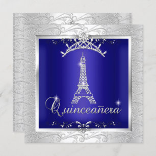 Quinceanera Royal Blue Silver Tiara Eiffel Tower Einladung
