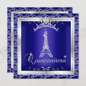 Quinceanera Royal Blue Silver Tiara Eiffelturm 2 Einladung (Vorne/Hinten)