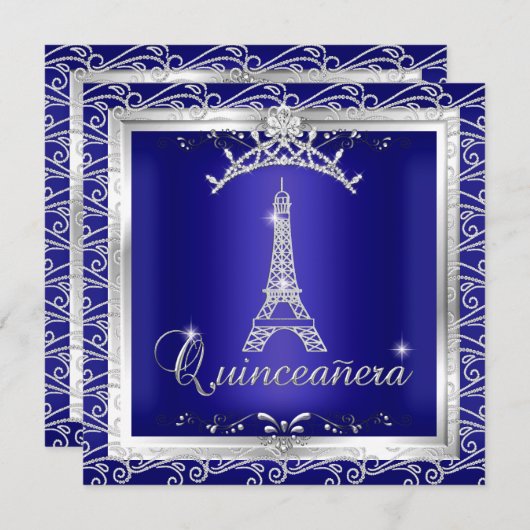 Quinceanera Royal Blue Silver Tiara Eiffelturm 2 Einladung (Vorne/Hinten)