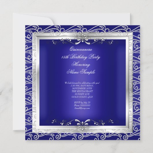 Quinceanera Royal Blue Silver Tiara Eiffelturm 2 Einladung (Rückseite)