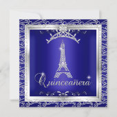 Quinceanera Royal Blue Silver Tiara Eiffelturm 2 Einladung (Vorderseite)