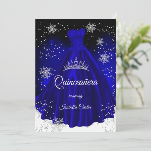Quinceanera Royal Blue Snowflake Silver Dress Einladung (Stehend Vorderseite)