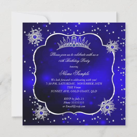 Quinceanera Royal Blue Snowflake Tiara 15. Party Einladung (Rückseite)