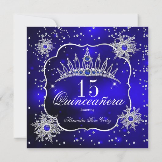 Quinceanera Royal Blue Snowflake Tiara 15. Party Einladung (Vorderseite)