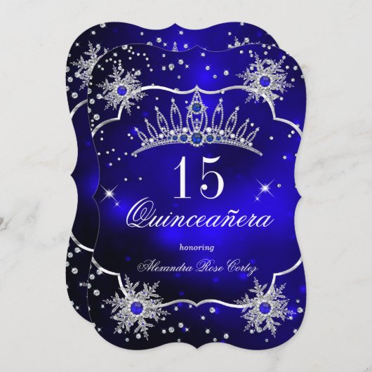 Quinceanera Royal Blue Snowflake Tiara 15. Party Einladung (Vorne/Hinten)
