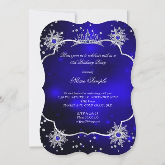 Quinceanera Royal Blue Snowflake Tiara 15. Party Einladung (Rückseite)