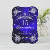 Quinceanera Royal Blue Snowflake Tiara 15. Party Einladung (Stehend Vorderseite)