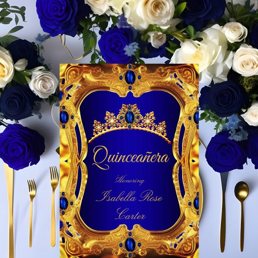 Quinceanera Royal Blue Ultra Gold Tiara Party Einladung