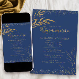 Quinceanera Royal Blue und Gold Leaf Elegant Einladung