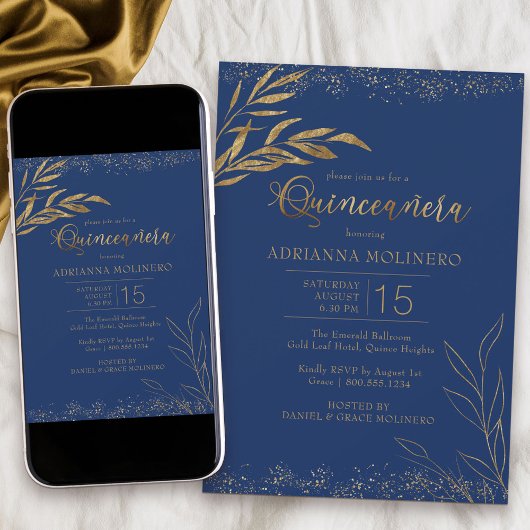 Quinceanera Royal Blue und Gold Leaf Elegant Einladung
