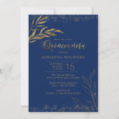 Quinceanera Royal Blue und Gold Leaf Elegant Einladung (Vorderseite)