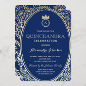 Quinceanera Royal Blue und Gold Princess Monogram Einladung (Vorne/Hinten)