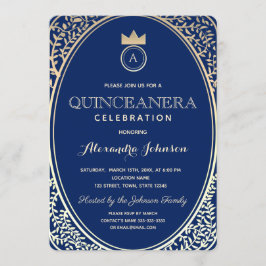 Quinceanera Royal Blue und Gold Princess Monogram Einladung