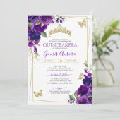 Quinceañera Royal Lila Floral Butterfly Einladung (Stehend Vorderseite)
