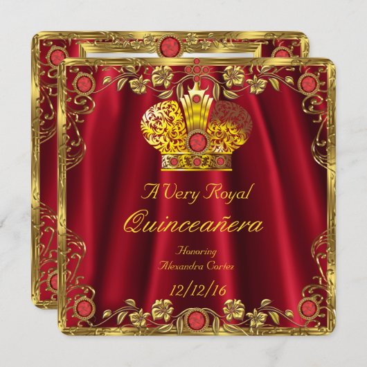 Quinceanera Royal Red Gem Gold Princess Crown 3 Einladung (Vorne/Hinten)