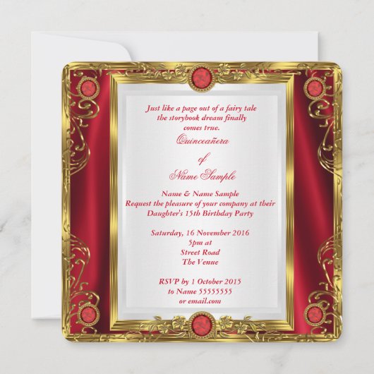 Quinceanera Royal Red Gem Gold Princess Crown 3 Einladung (Rückseite)