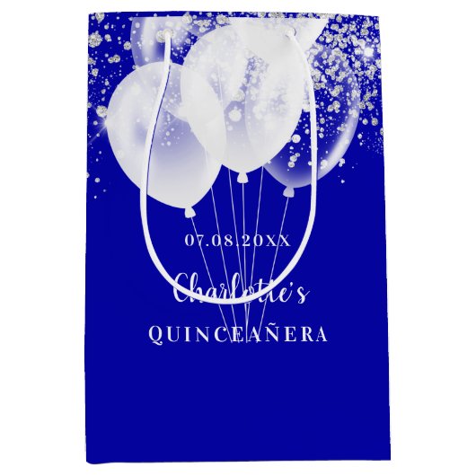 Quinceanera Royblau-weiße Glitzer Ballons Name Mittlere Geschenktüte (Vorderseite)