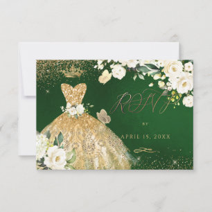 Quinceanera-RSVP Smaragdgrün Gold Glitzerkleid Einladung