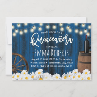 Quinceanera Rustic Daisy Blume Barrel Navy Blue Einladung