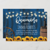 Quinceanera Rustic Sonnenblumen Barrel Navy Blue Einladung (Vorne/Hinten)