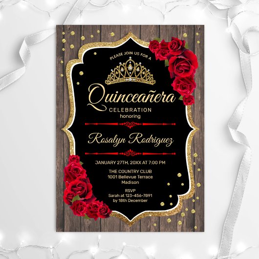 Quinceanera - Rustikales Holz Gold Red Einladung