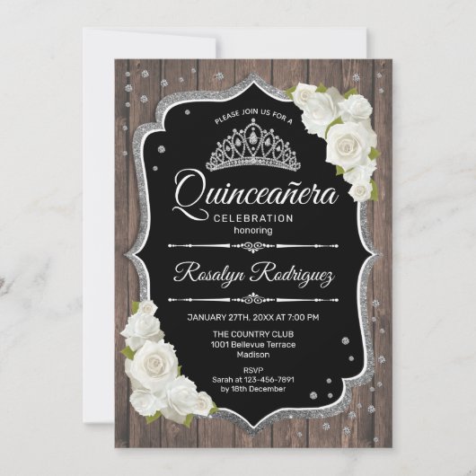 Quinceanera - Rustikales Holz silber weiß Einladung (Vorderseite)