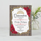 Quinceanera - Rustikales Holz Weißes Rotes Gold Einladung (Stehend Vorderseite)