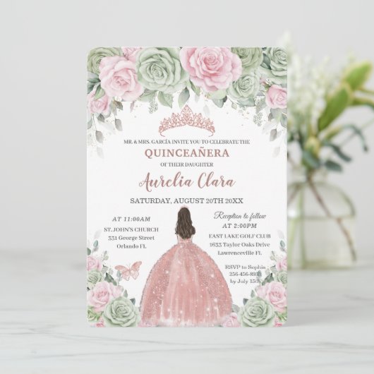 Quinceañera Sage Green Baby Pink Rose Gold Einladung (Stehend Vorderseite)
