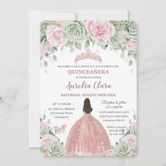 Quinceañera Sage Green Baby Pink Rose Gold Einladung (Vorderseite)
