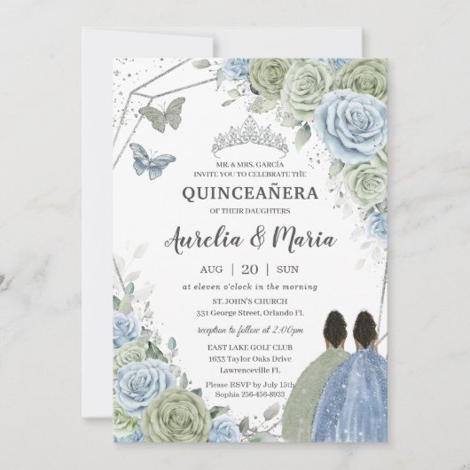 Quinceañera Sage Green Blue Floral Twins Silver Einladung (Vorderseite)