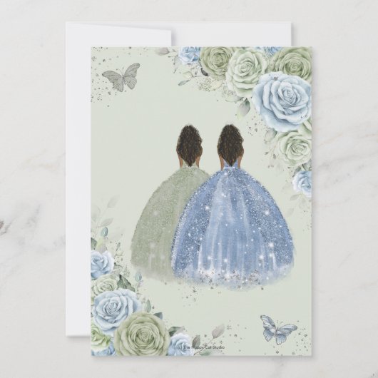 Quinceañera Sage Green Blue Floral Twins Silver Einladung (Rückseite)